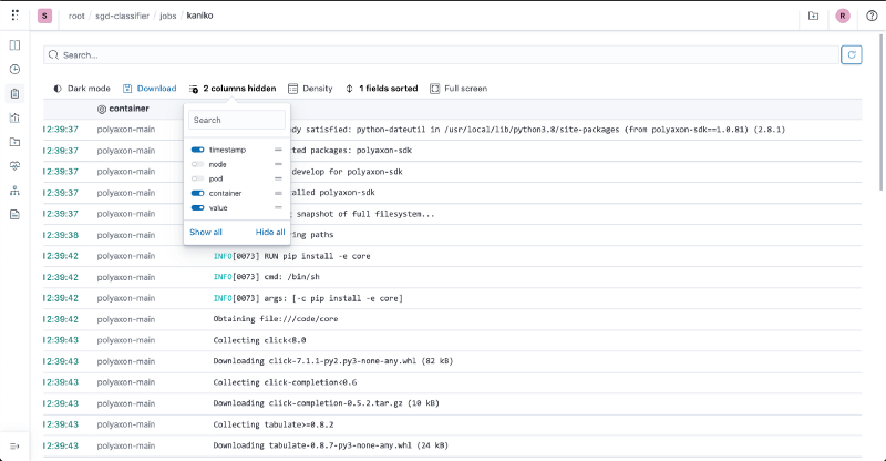 Polyaxon logs columns info