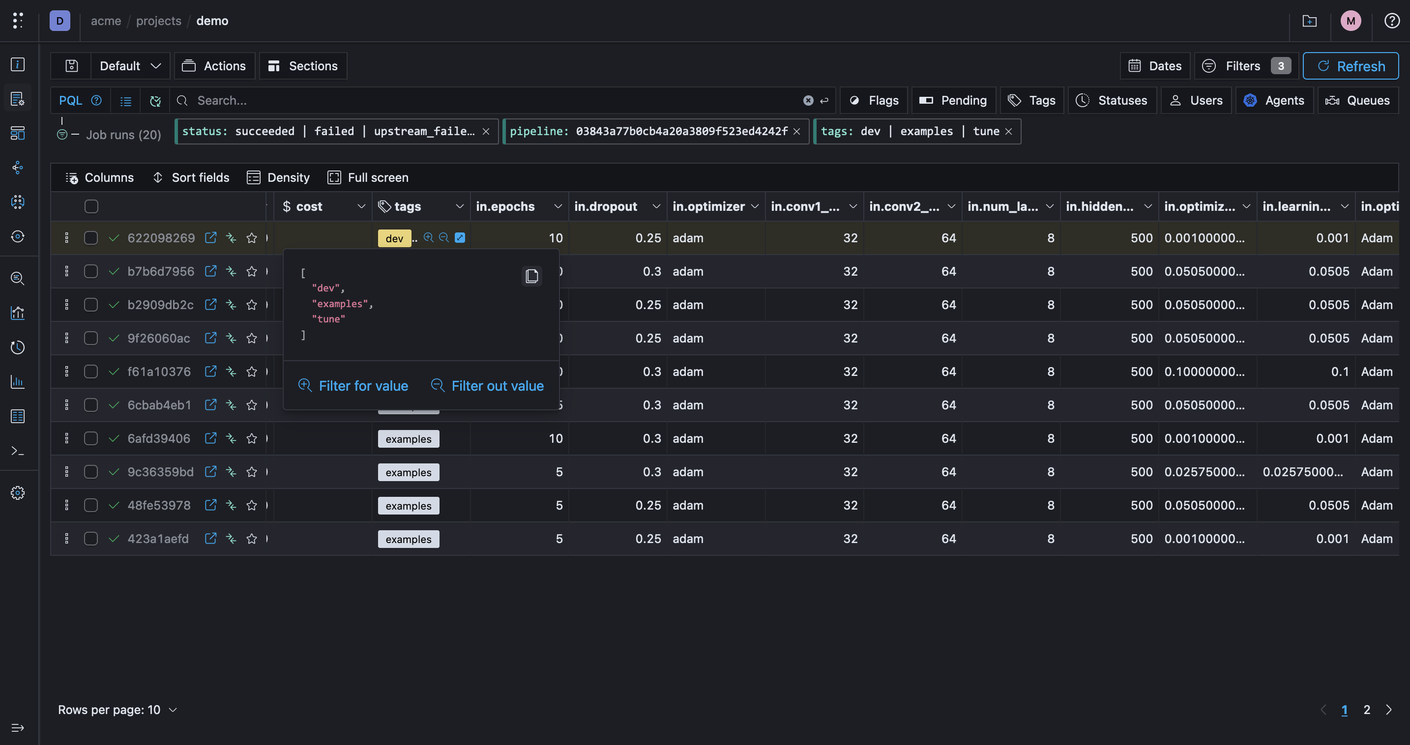 Polyaxon v1.12: Filter for/out values