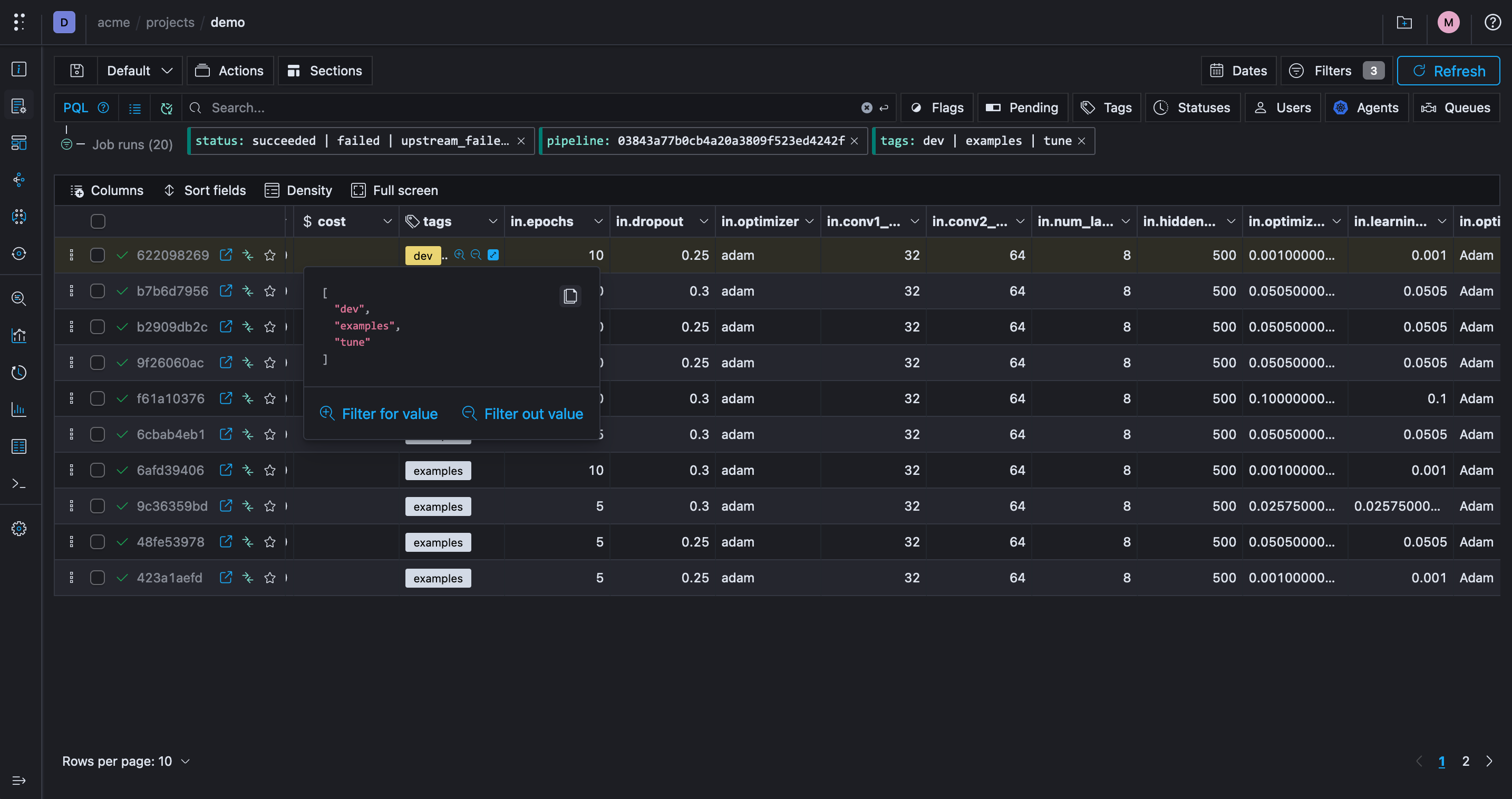 Polyaxon v1.12: Filter for/out values