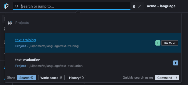 The active workspace is acme - language, and project search shows only text-training and text-evaluation.