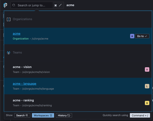 The Workspaces menu lists acme under Organizations and acme - vision, acme - language, and acme - ranking under Teams, with the language team highlighted.