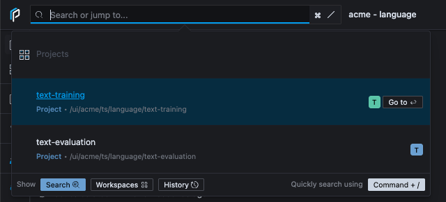 Project search in the acme language team space showing text-training and text-evaluation