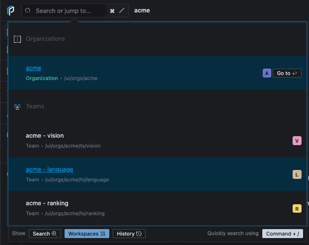 Workspace switcher listing the acme organization and its vision, language, and ranking teams