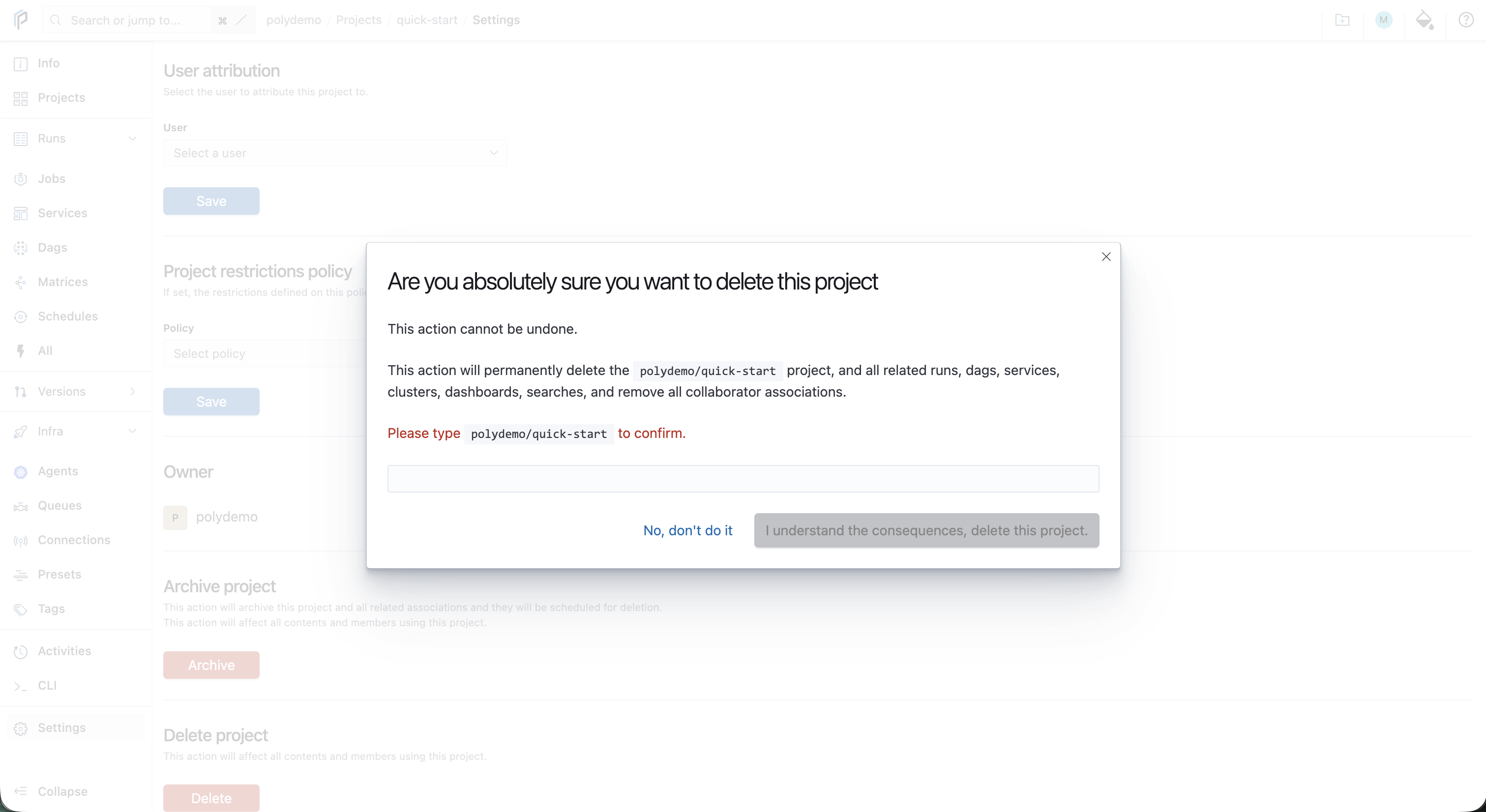 Confirm deleting the project