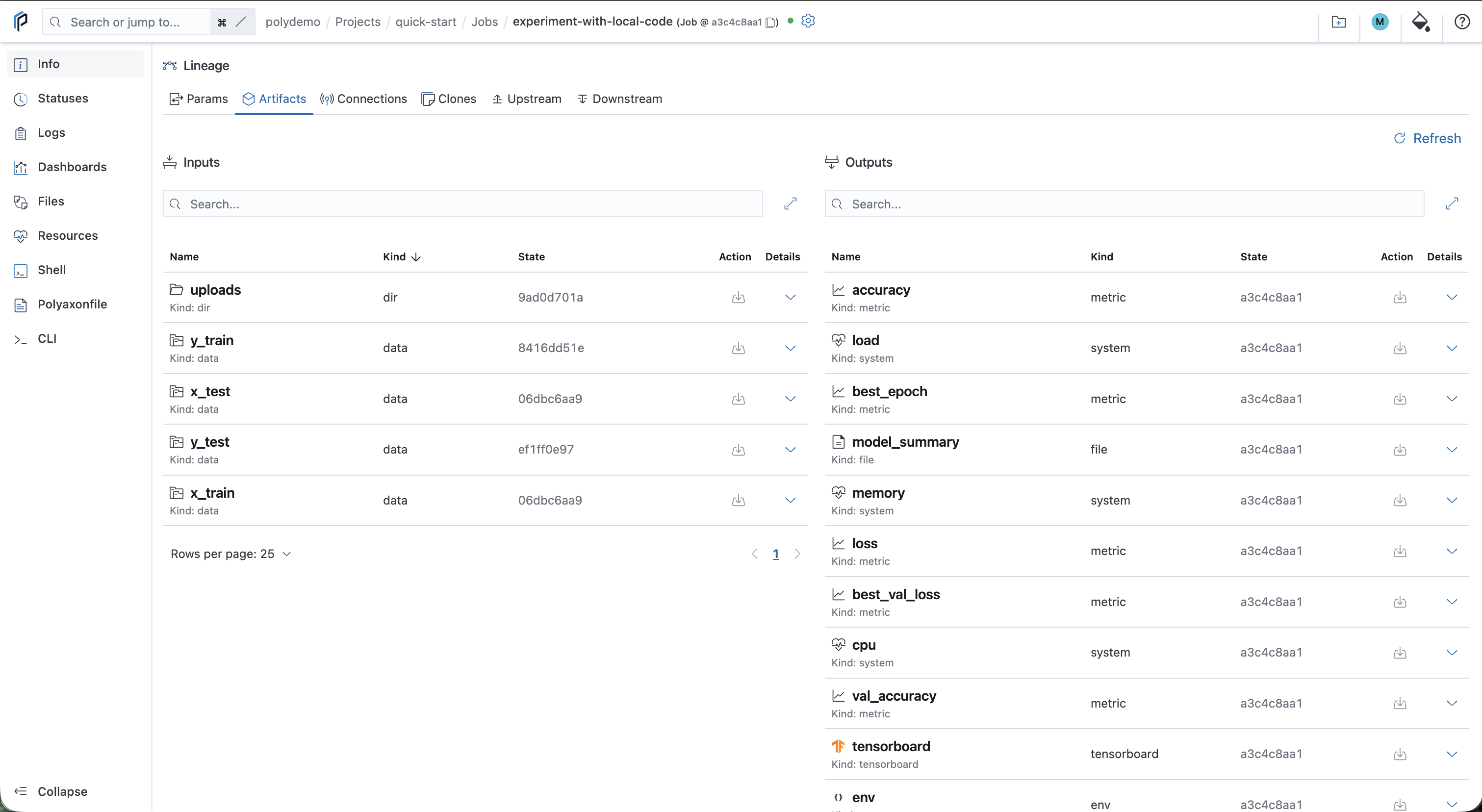 Run lineage showing the uploaded local directory as an input