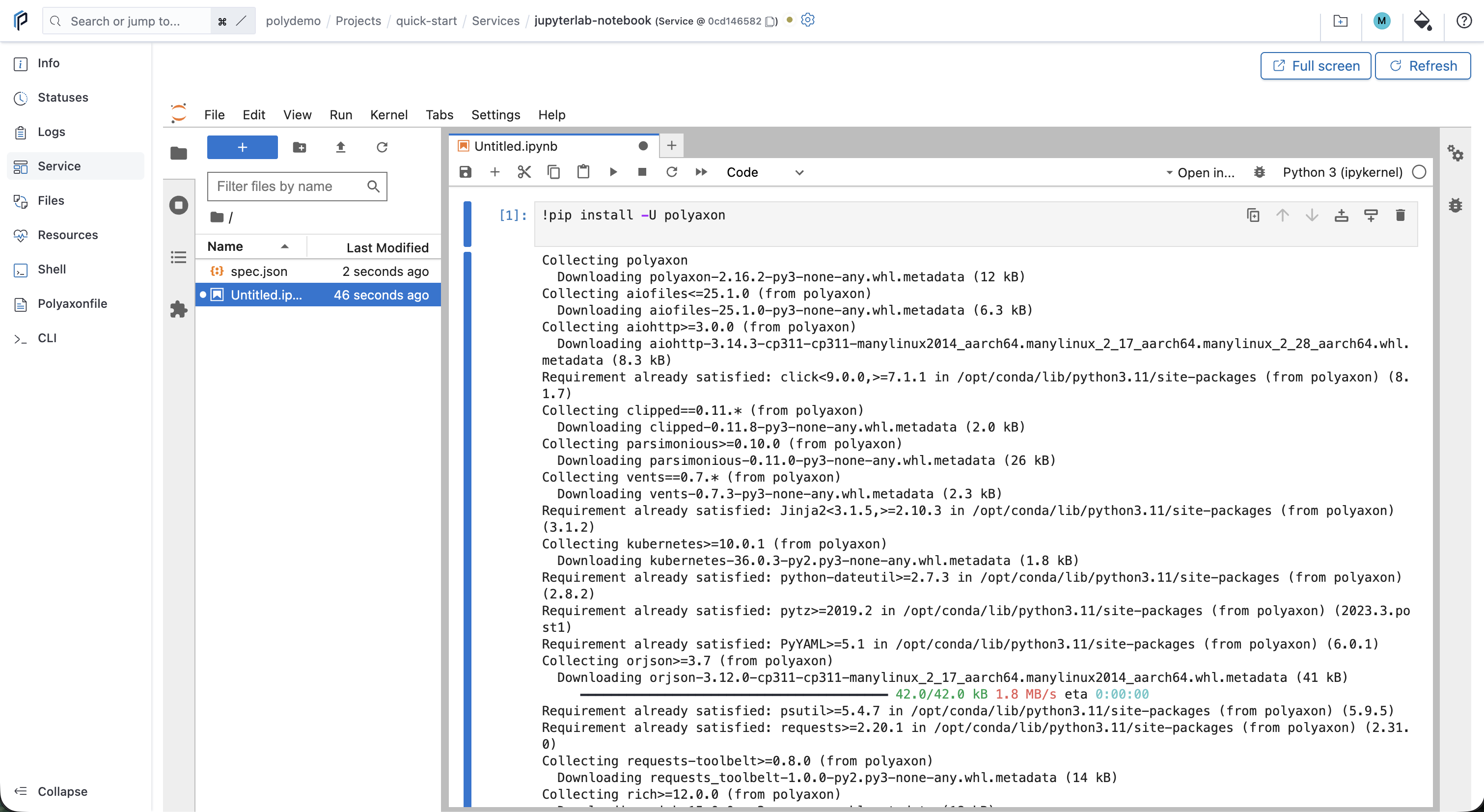 JupyterLab notebook open from the Services view in Polyaxon