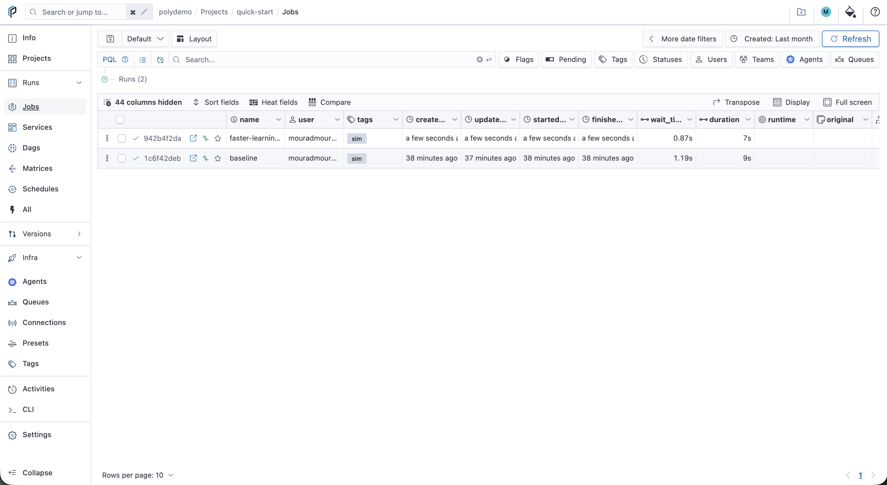 Runs table containing the two local experiments
