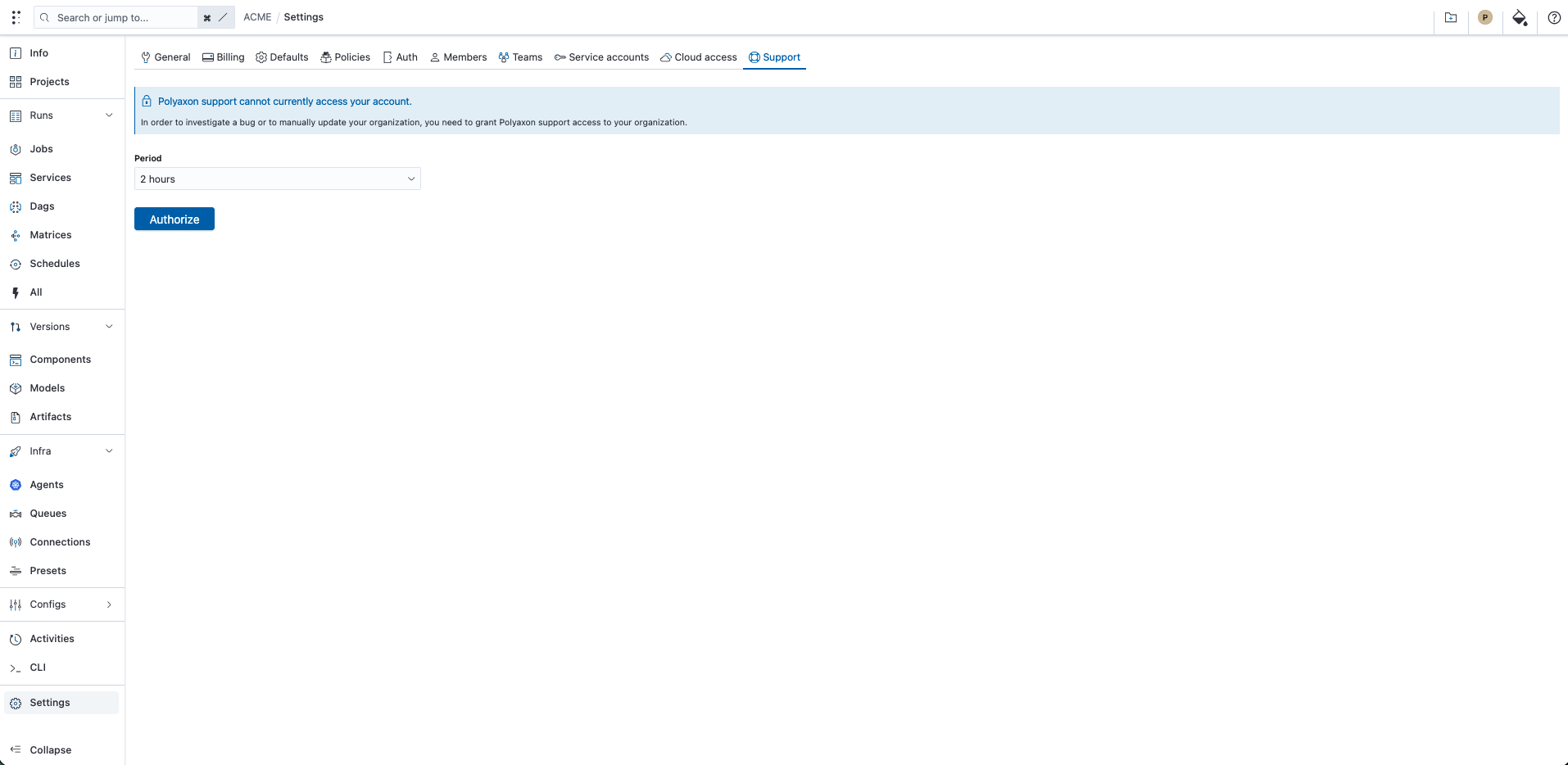 Enable support access in the Polyaxon UI