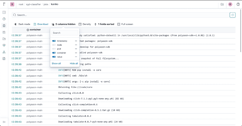 Polyaxon logs columns info